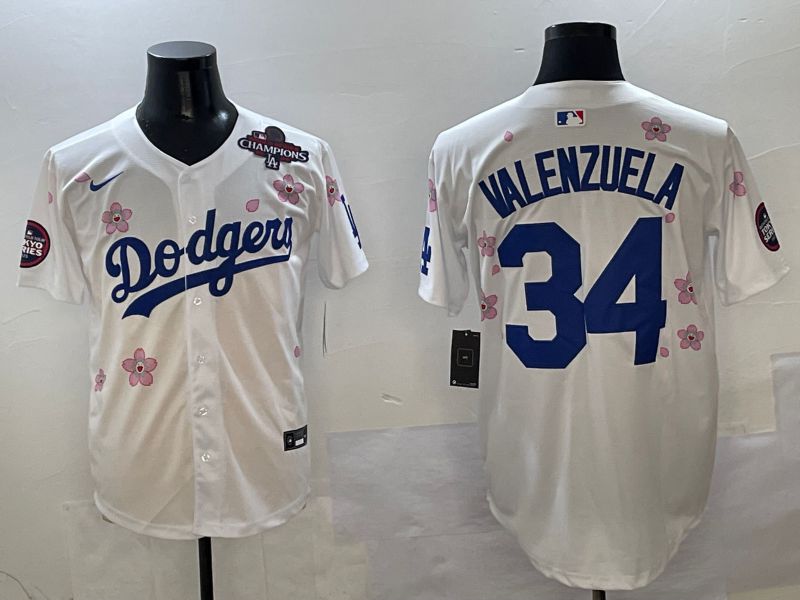 Men Los Angeles Dodgers #34 Valenzuela White Sakura Edition 2025 Nike MLB Jersey style 6->mlb t-shirts->Sports Accessory